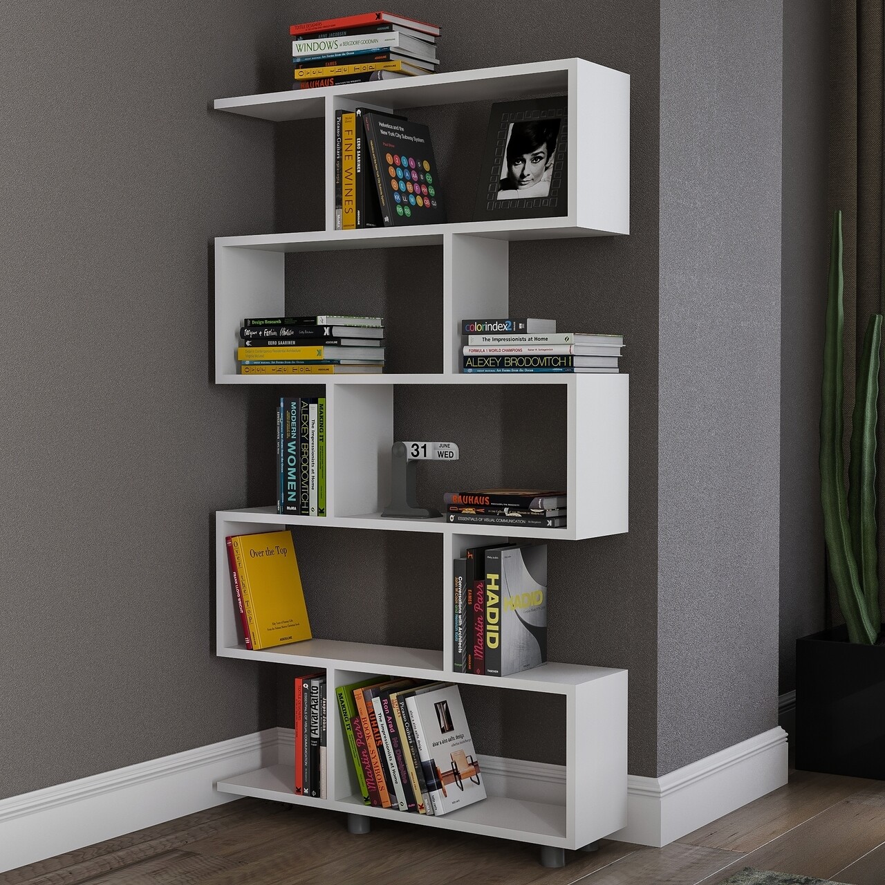 Biblioteca Elif, Kalune Design, 90x20x156 cm, alb - imagine 5